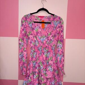 Lilly Pulitzer Pink Floral V-Neck Tiered Dress